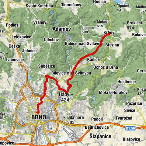 Křtiny - Sokolovna - Farma - Brno